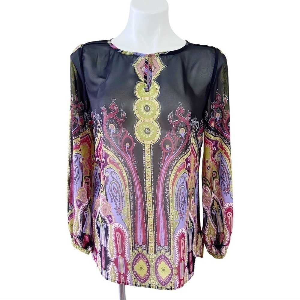 CHICO'S Sheer Blouse Top Long Sleeve Multicolor